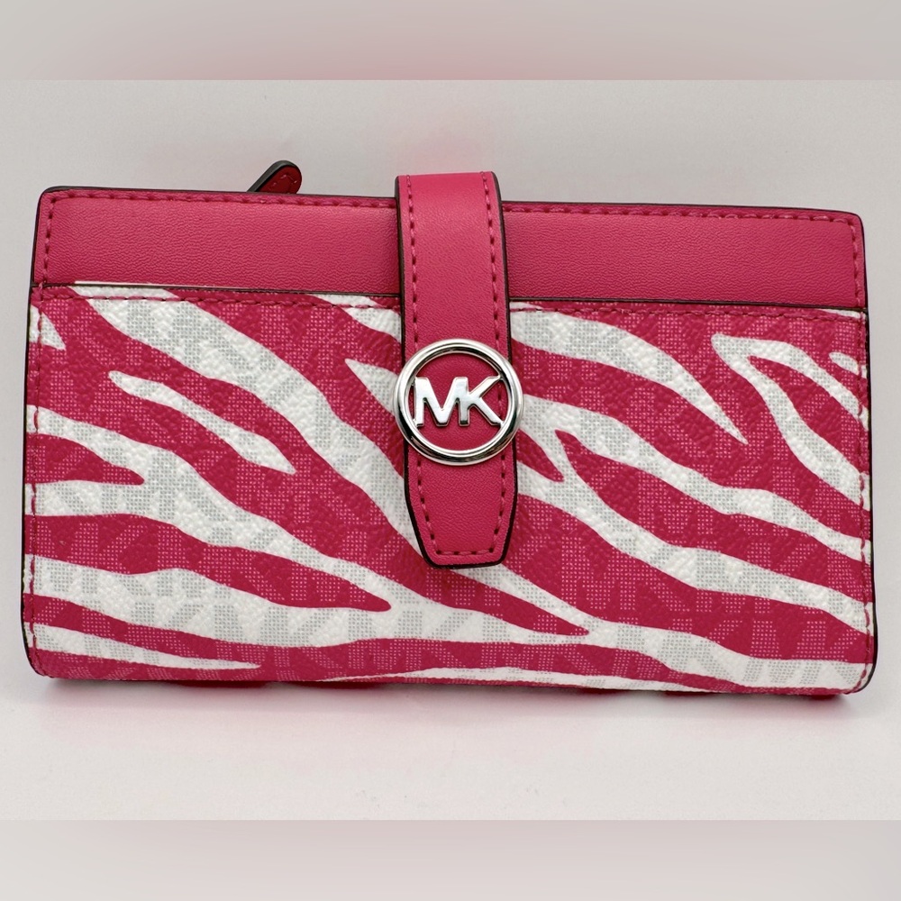 Michael Kors Greenwich Medium Signature Logo Wallet Dragonfruit Zebra Print NWT